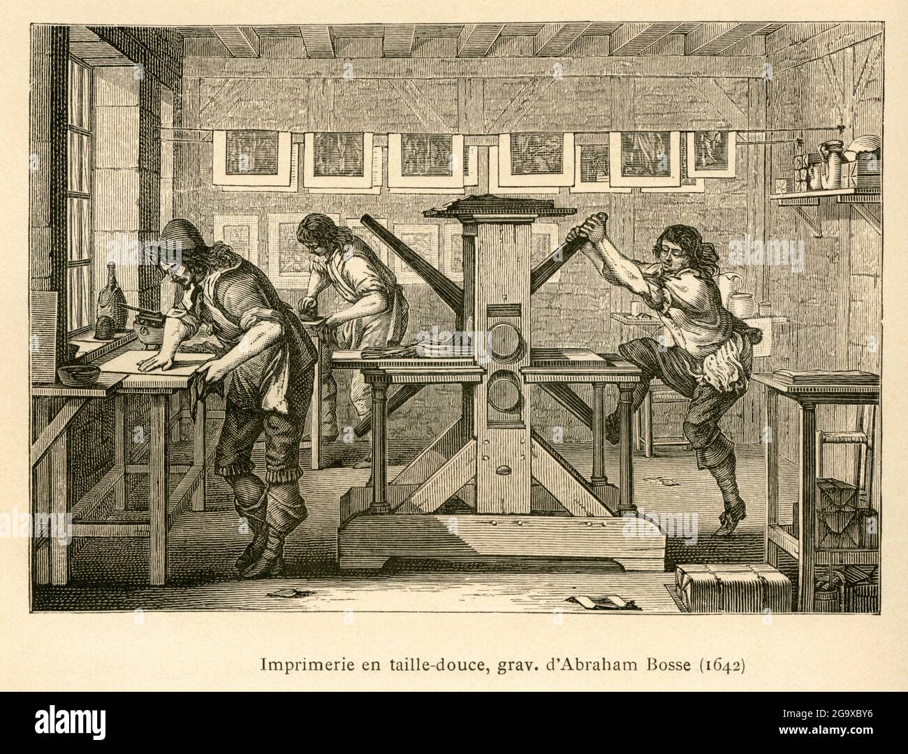 Druckerei (Tiefdruck), von Abraham Bosse, 17. Jahrhundert, ZUSÄTZLICHE-RIGHTS-CLEARANCE-INFO-NOT-AVAILABLE Stockfoto