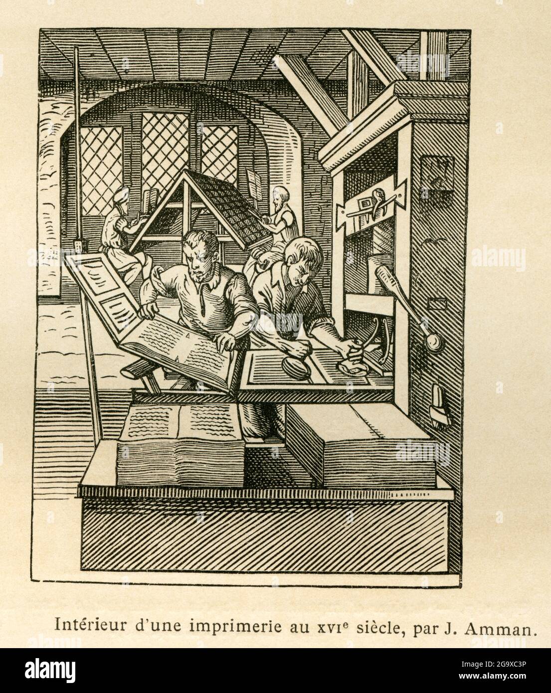 Europa, Deutschland, Bayern, Nürnberg, im Inneren einer Druckerei im 16. Jahrhundert, von J. Amman, ZUSÄTZLICHE-RIGHTS-CLEARANCE-INFO-NOT-AVAILABLE Stockfoto
