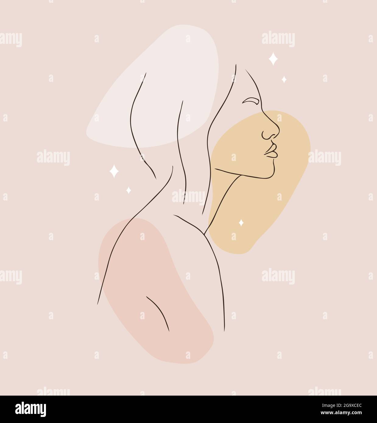 Make-up oder Frisur Konzept. Abstraktes Frauenporträt auf beigefarbenem Hintergrund mit verschiedenen Formen. Vektor-Illustration im trendigen linearen Stil. Logo für Stock Vektor