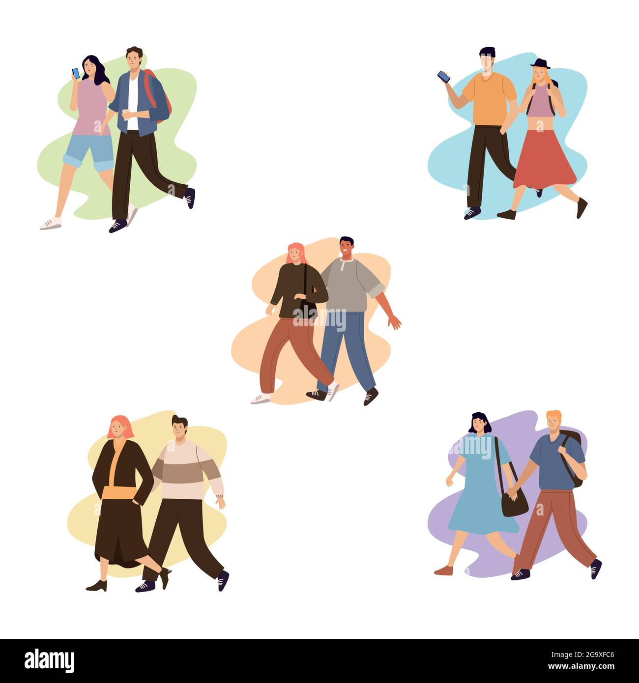 Fünf Fußgänger Paare gehen Stock Vektor