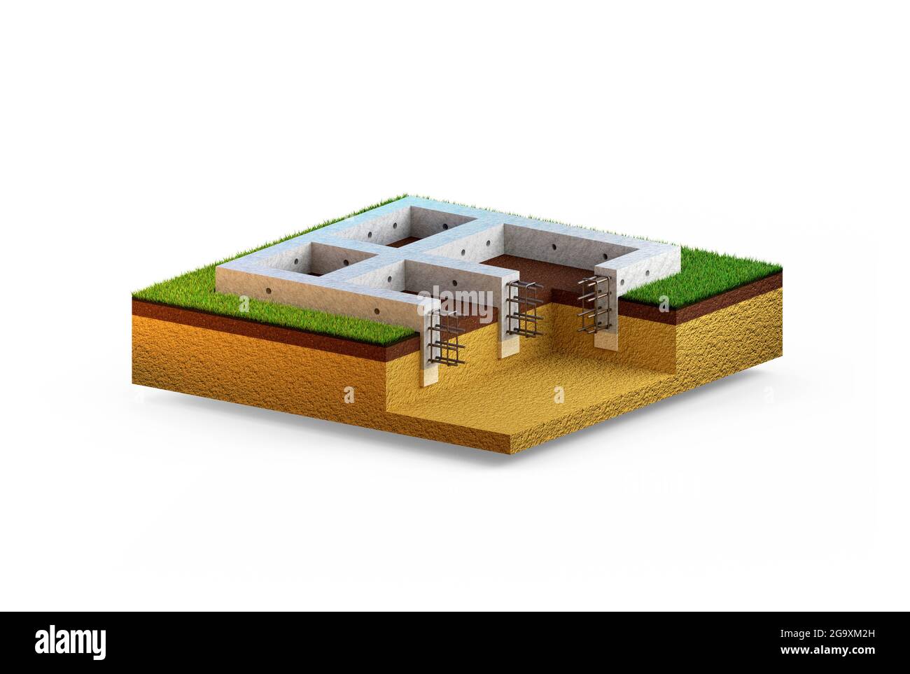 Gegossene verstärkte Zementwand Fundament. Isolierte industrielle 3D-Rendering Stockfoto