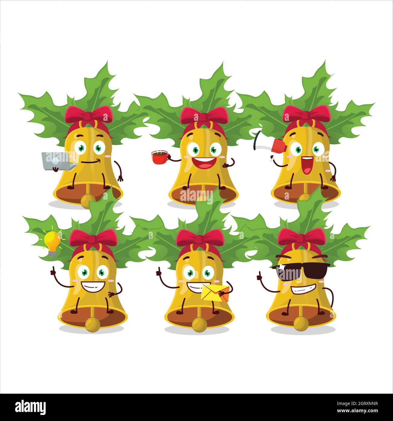 Jingle weihnachtsglocken Cartoon-Figur mit verschiedenen Arten von Business-Emoticons. Vektorgrafik Stock Vektor