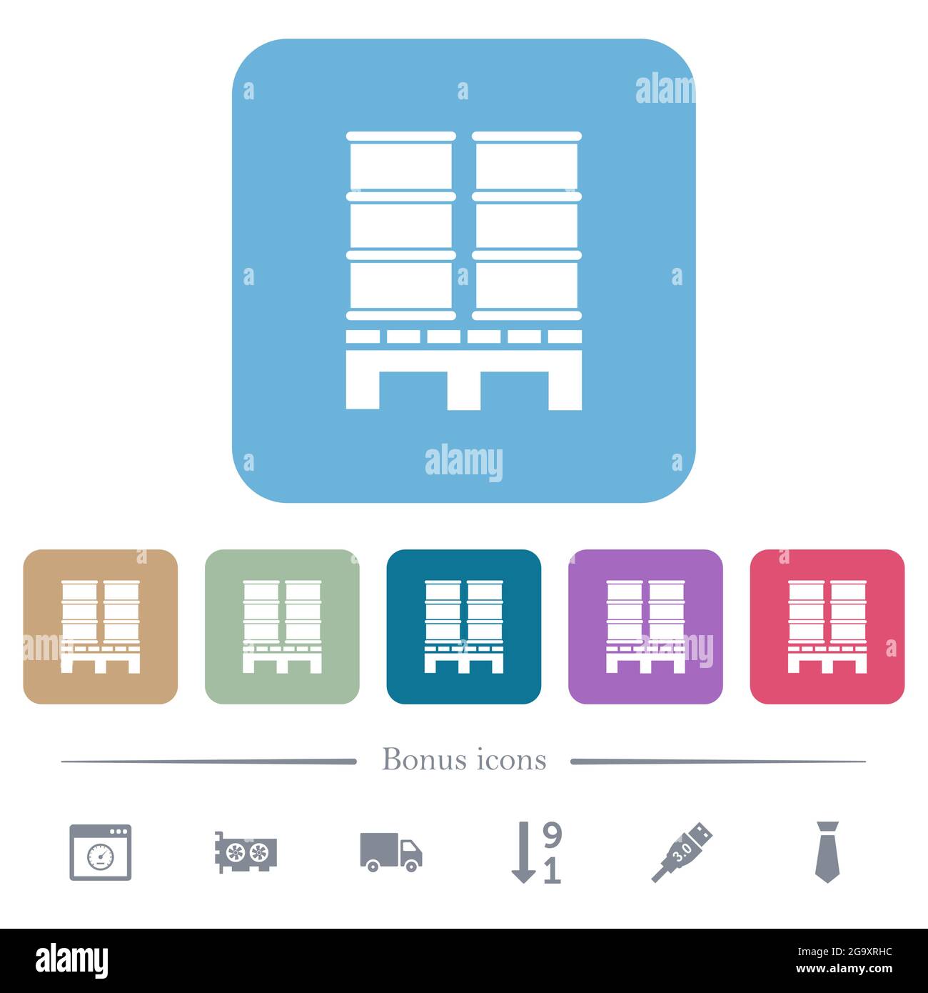 Palette mit Fässern weißen flachen Symbolen auf farbigen abgerundeten quadratischen Hintergründen. 6 Bonus-Symbole enthalten Stock Vektor