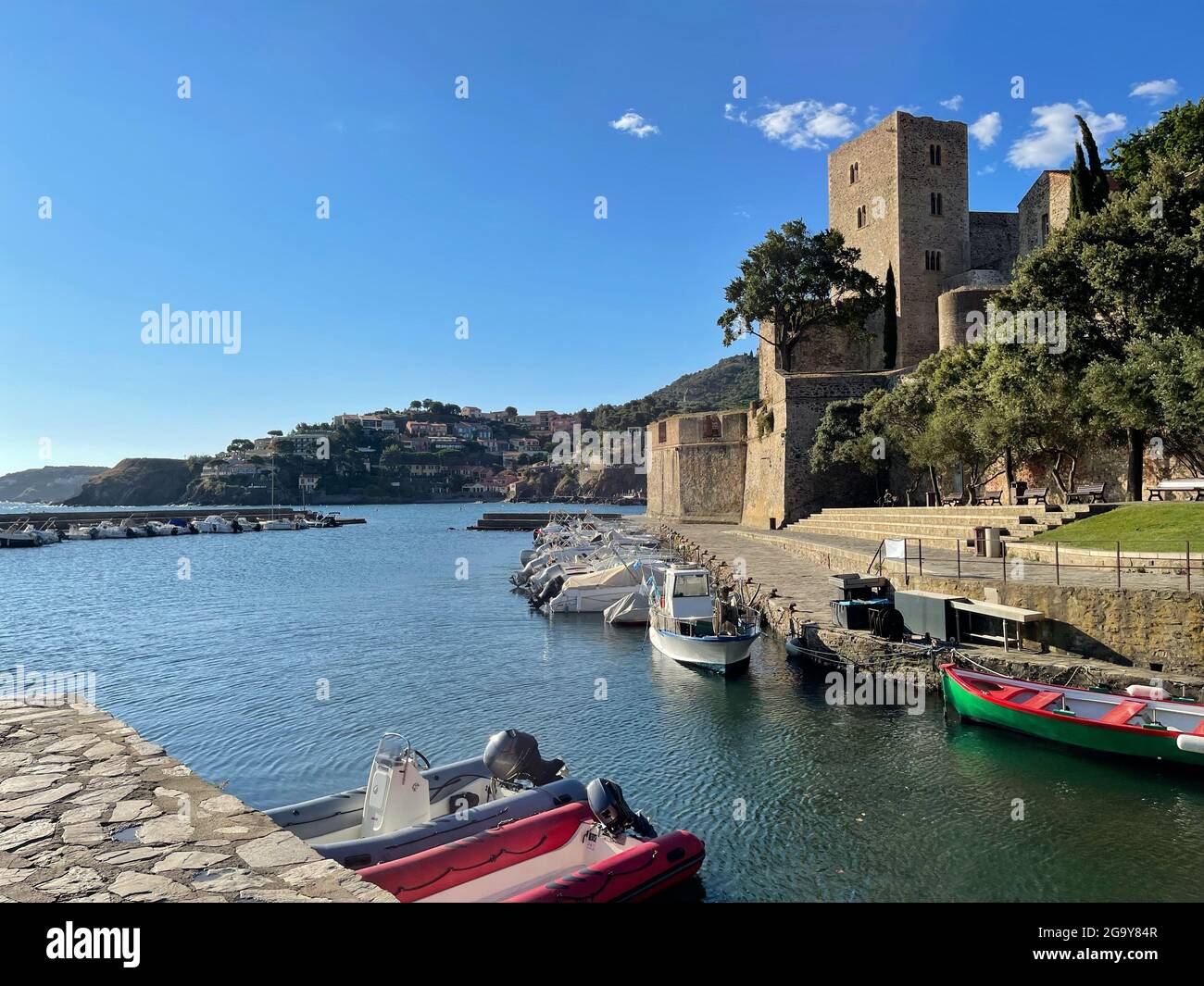 Hafenblick, Collioure, Pyrenees Orientale, Frankreich Stockfoto