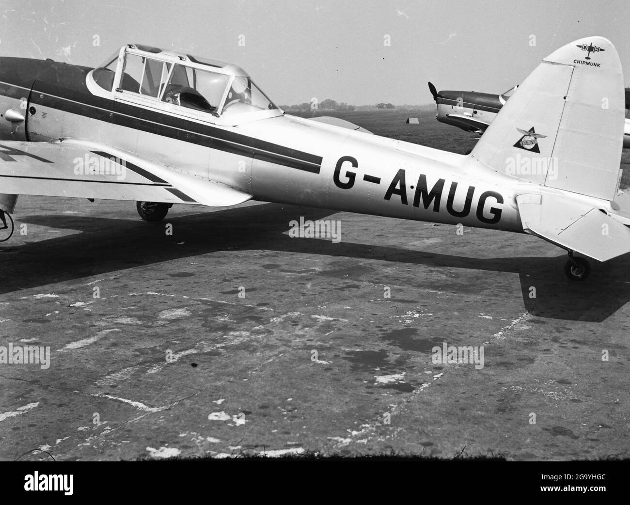 G-AMUG ist ein ziviler registrierter De Havilland DHC-1 Chipmunk, wahrscheinlich in den 1950er Jahren in Hamble, Hampshire, abgebildet. Dieses Flugzeug stürzte am 29. Mai 1974 ab, als es von Teesside Flying Club Ltd betrieben wurde, tötete den Piloten und verletzte seinen Passagier schwer. Stockfoto