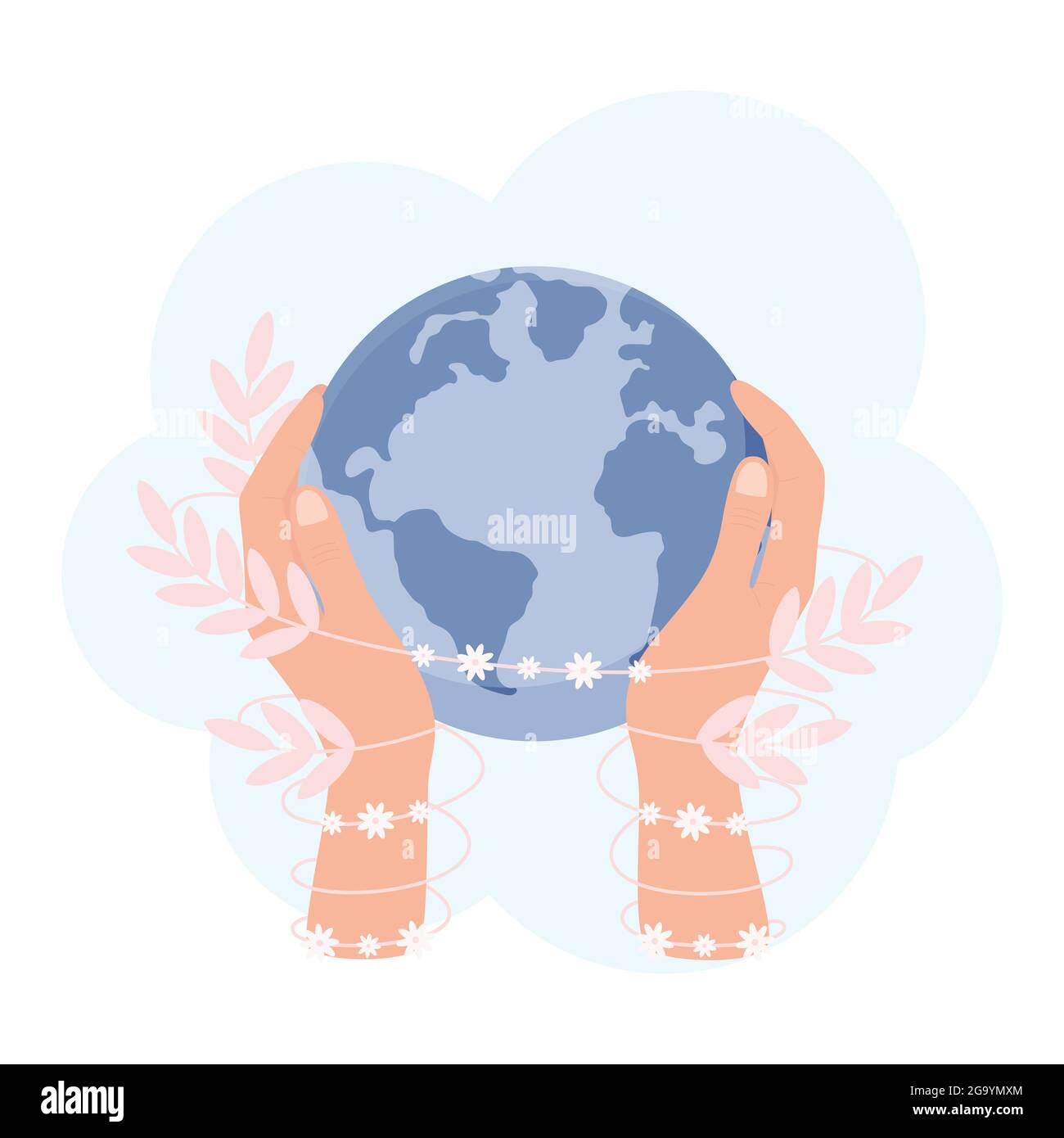 Zwei Hände, die einen Erdplaneten halten. Ein abstrakter Blattsprießling umverstrickt die Arme. Rette das Konzept des Planeten. Konzept zum Muttertag der Erde. Stock Vektor