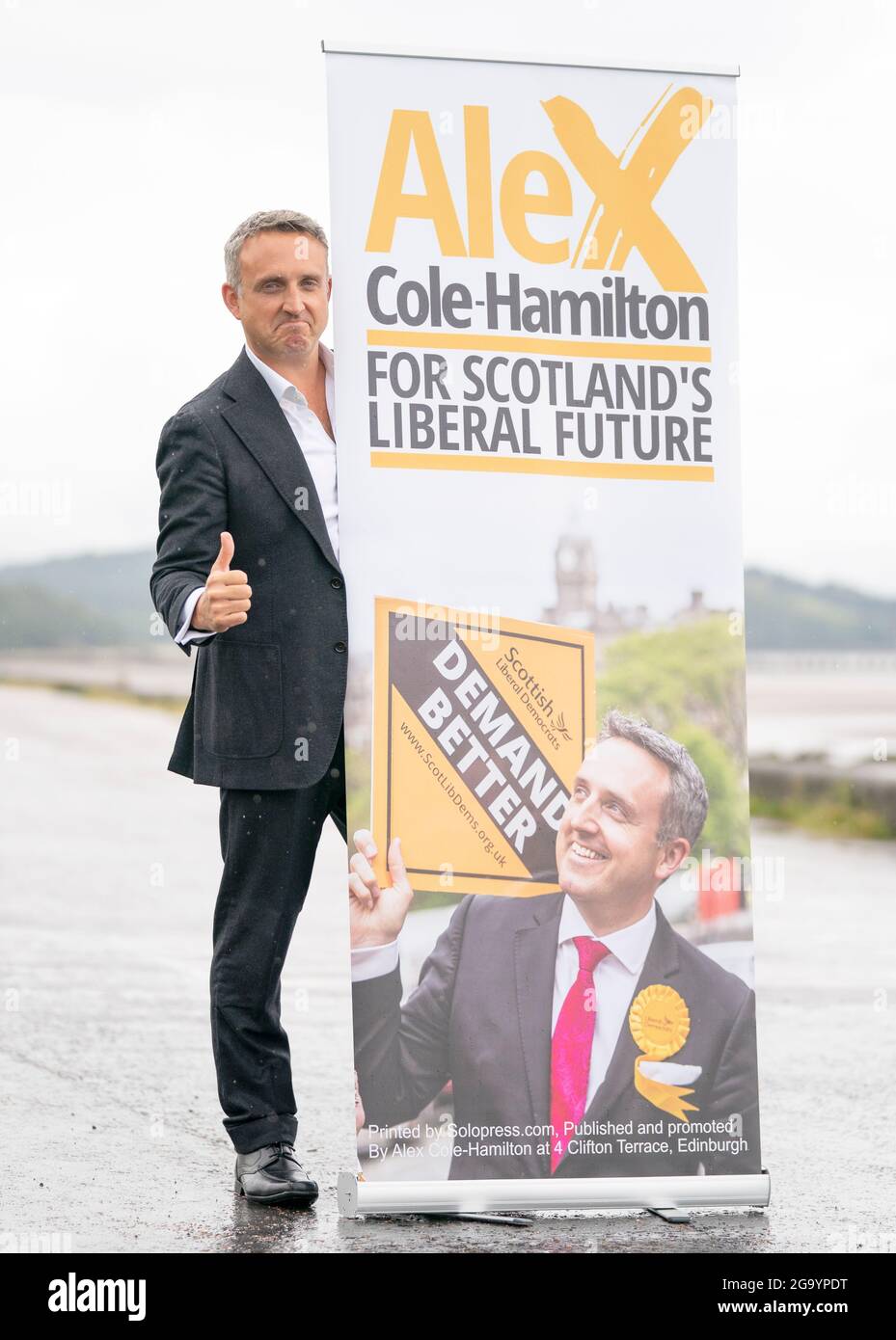 Alex Cole-Hamilton, MSP für Edinburgh West, gibt seinen Antrag bekannt, der nächste Vorsitzende der schottischen Liberaldemokraten im Boardwalk Beach Club in Edinburgh zu werden. Bilddatum: Mittwoch, 28. Juli 2021. Stockfoto