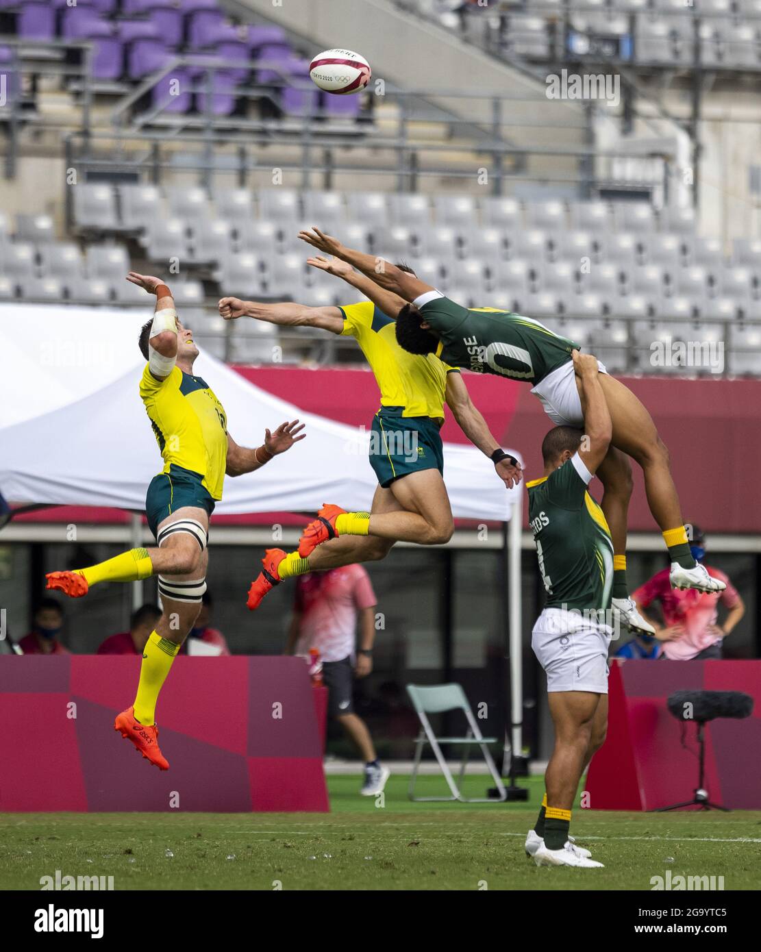 Tokyo Tokio, 28.07.2021, Japan, Olympische Spiele Rugby Sevens Südafrika - Australien Olympische Spiele, 2020 2021 Foto: Moritz Müller nur für redaktionelle Verwendung Copyright (nur für journalistische Zwecke) by : Moritz Müller, Wilhelm-Raabe-Str.18, 40470 Düsseldorf. Tel 0211-13954918. MB.: 0176-81034275; Honorar zzgl. 7 % UmSt. + Belegexemplar; Commerzbank, Konto: 3813045, BLZ: 30040000; IBAN: DE49 3004 0000 0381 3045 00; Finanzamt Düsseldorf-Nord, Steuernummer: 105/5193/1677 Stockfoto