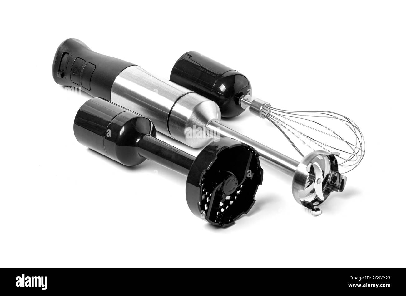 Eintauchhandmixer isoliert auf Weiß. Handmixer Aus Edelstahl. Moderner Küchenmesser. Elektrische Küche Kleine Geräte. Stockfoto