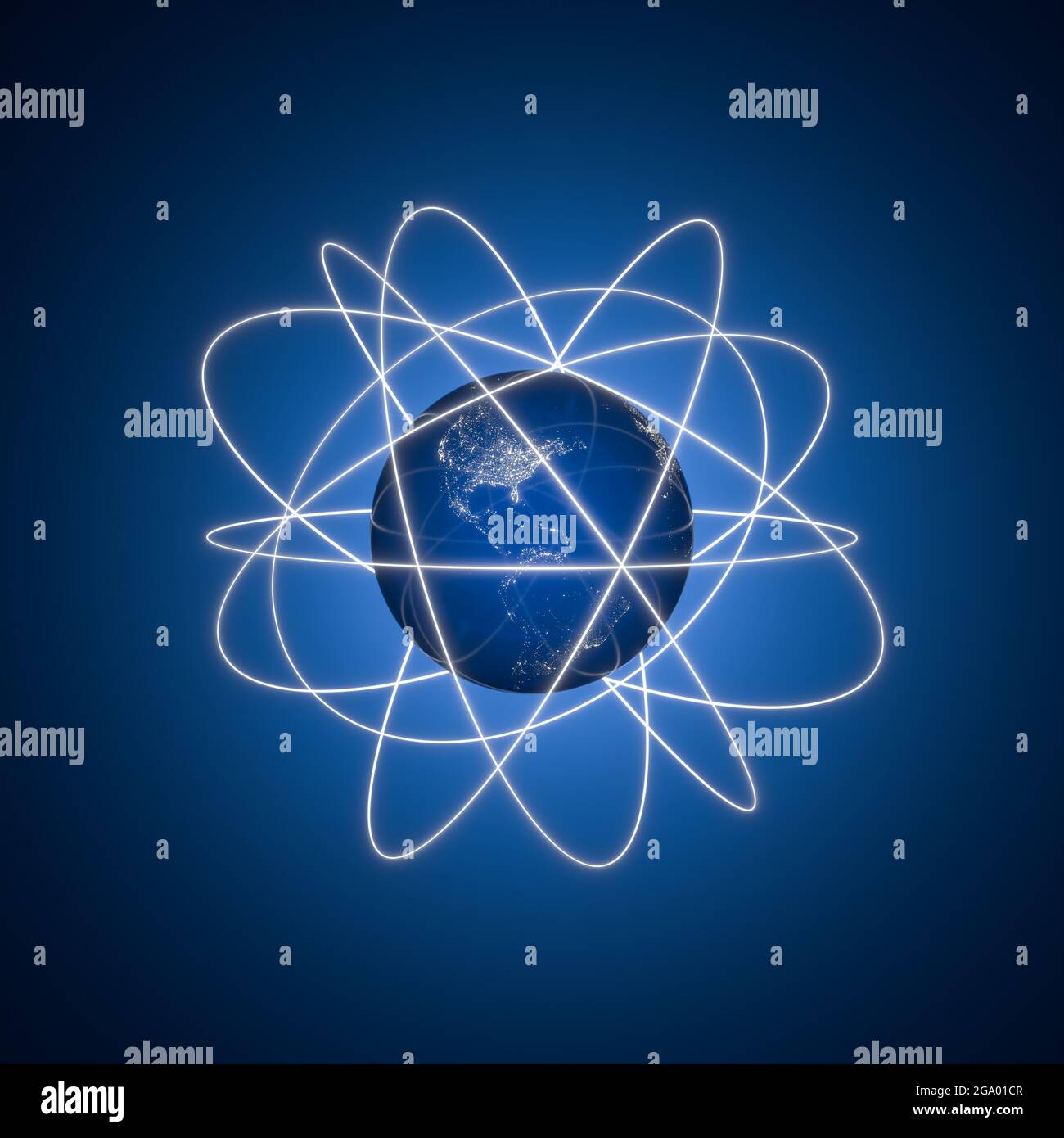 Satelliten umkreisen das Konzept der Erde. Amerika sichtbar. 3d-Rendering - Kopieren Sie Platz um für besseres Zuschneiden Stockfoto