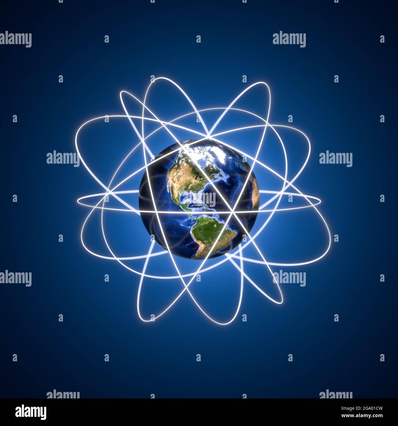 Satelliten umkreisen das Konzept der Erde. Amerika sichtbar. 3d-Rendering - Kopieren Sie Platz um für besseres Zuschneiden Stockfoto