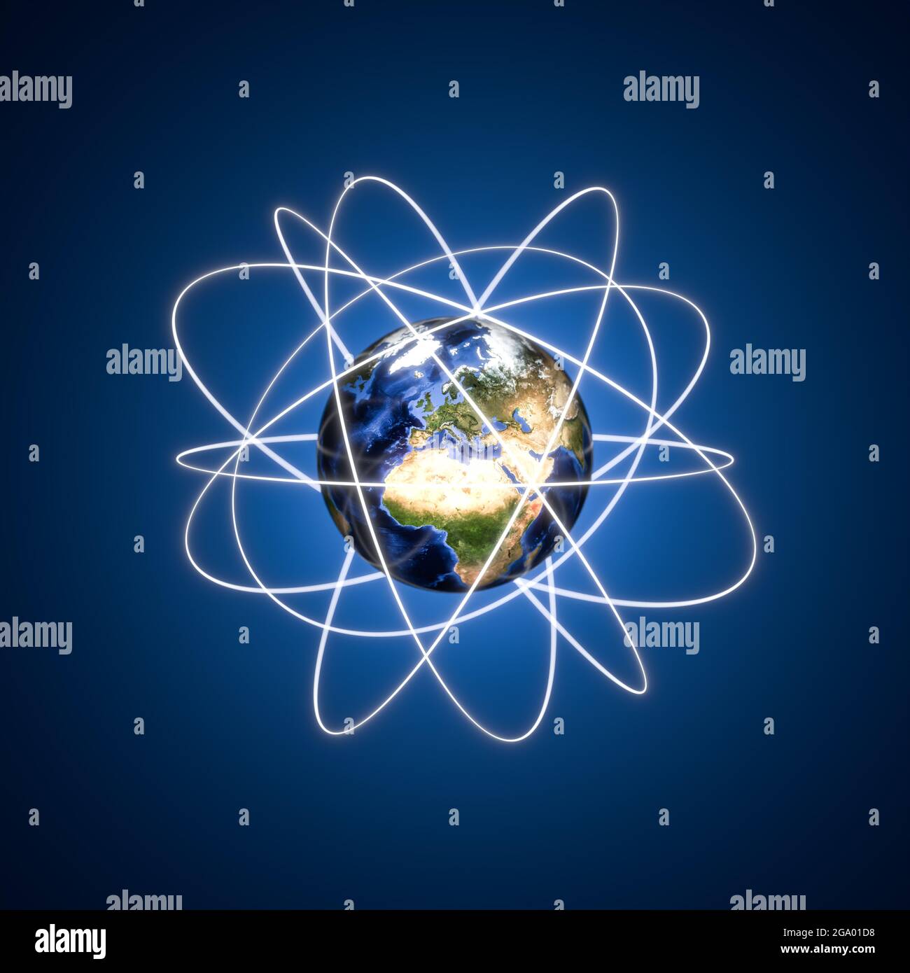 Satelliten umkreisen das Konzept der Erde. Europa und Afrika sichtbar. 3d-Rendering - Kopieren Sie Platz um für besseres Zuschneiden Stockfoto