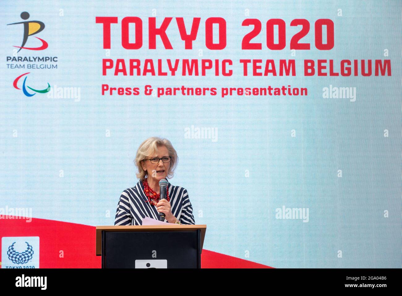 Prinzessin Aestride von Belgien hält eine Rede bei einer Pressekonferenz des Paralympischen Teams Belgien vor den Paralympischen Spielen 2020 in Tokio am Montag Stockfoto