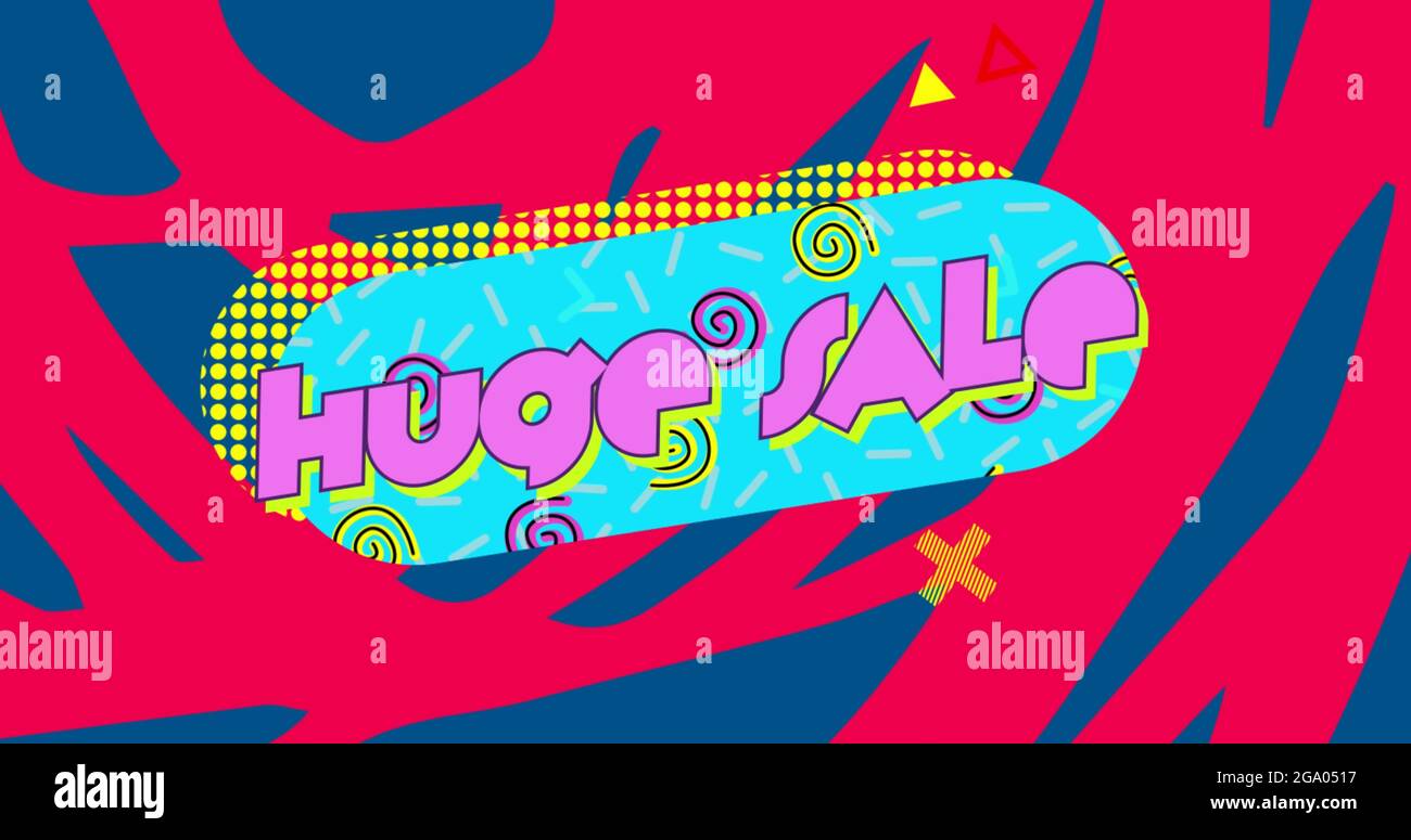 Riesige Verkaufsgrafik auf blauen Kapselform mit rotem und blauem Hintergrund 4k Stockfoto