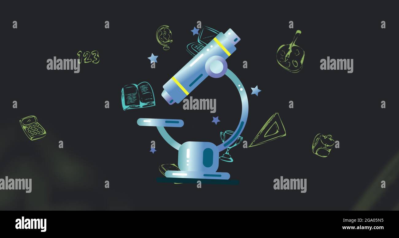 Mikroskop-Symbol gegen Schule Konzept-Symbole auf schwarzem Hintergrund Stockfoto