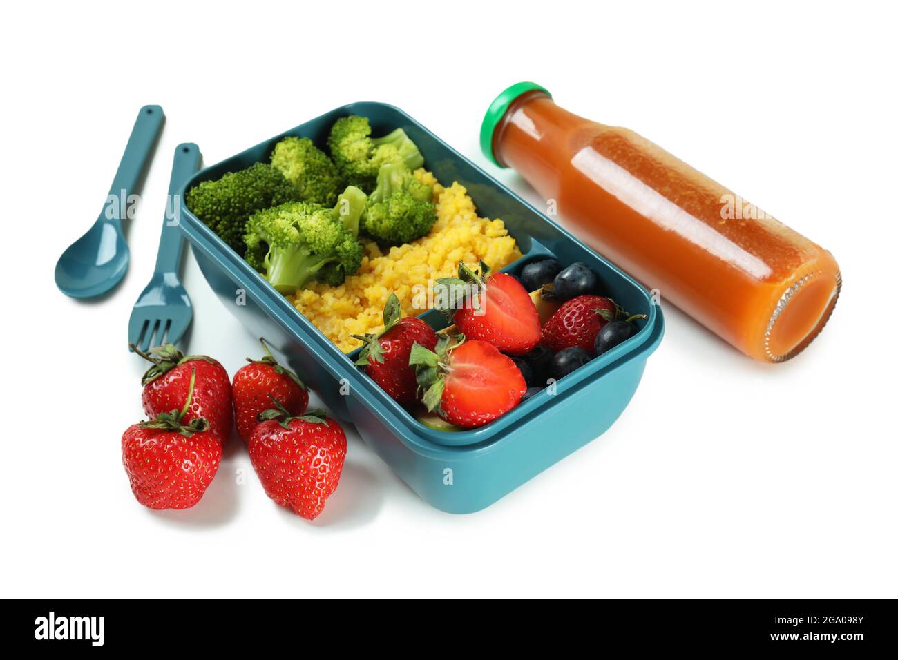 Lunch Box mit leckerem Essen auf weißem Hintergrund Stockfoto