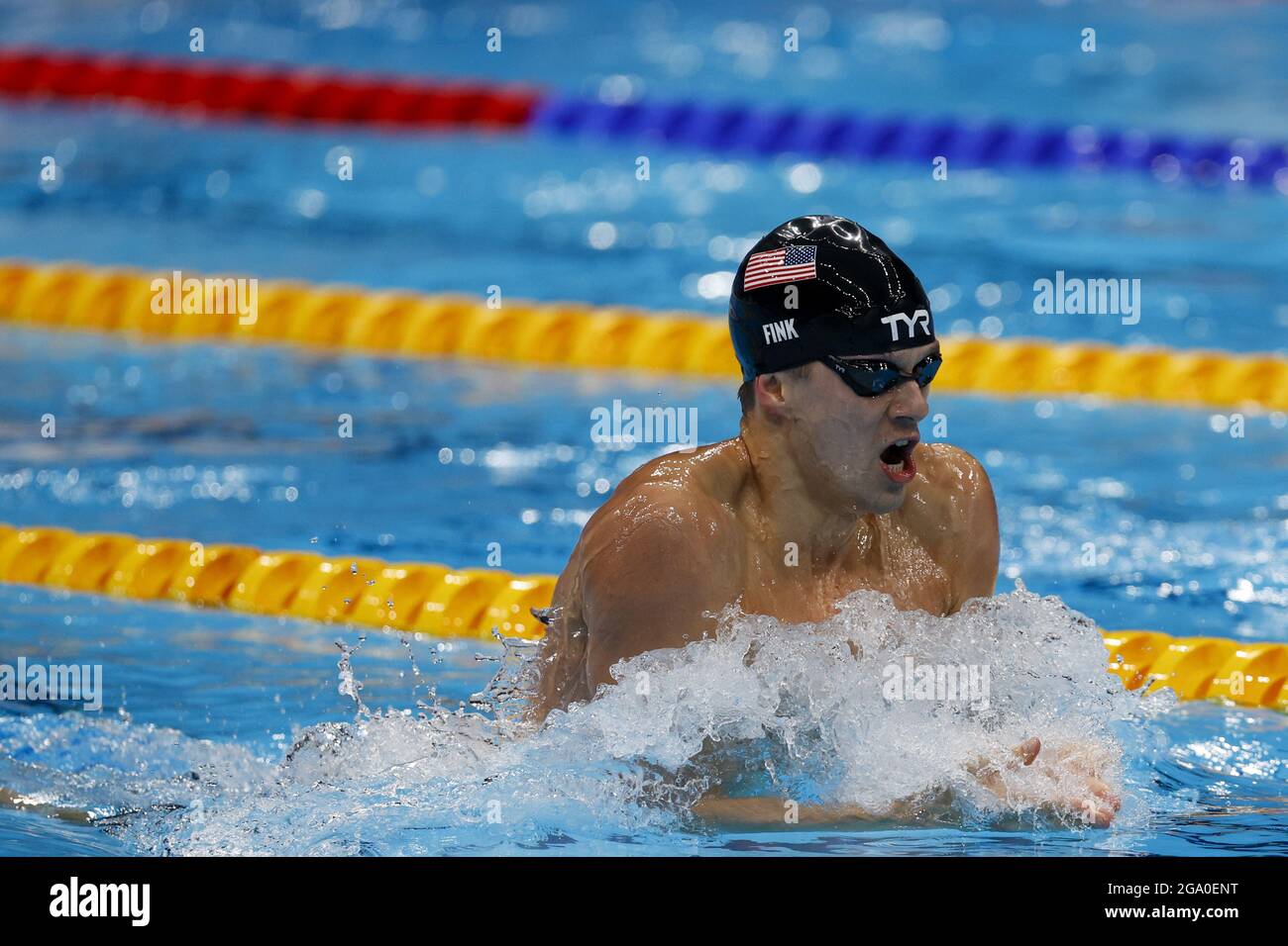 Tokio, Japan. Juli 2021. NIC Fink aus den USA nimmt am Mittwoch, dem 28. Juli 2021, am 200-m-Bruststroke im Tokyo Aquatics Center Teil, während der Olympischen Sommerspiele in Tokio, Japan. Foto von Tasos Katopodis/UPI. Kredit: UPI/Alamy Live Nachrichten Stockfoto