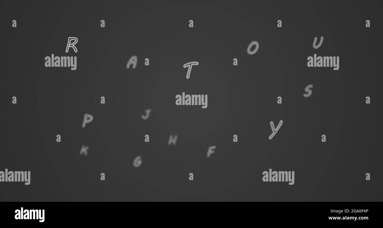 Zufällige Buchstaben im Alphabet, die in einem riesigen leeren Raum vorwärts schweben Stockfoto