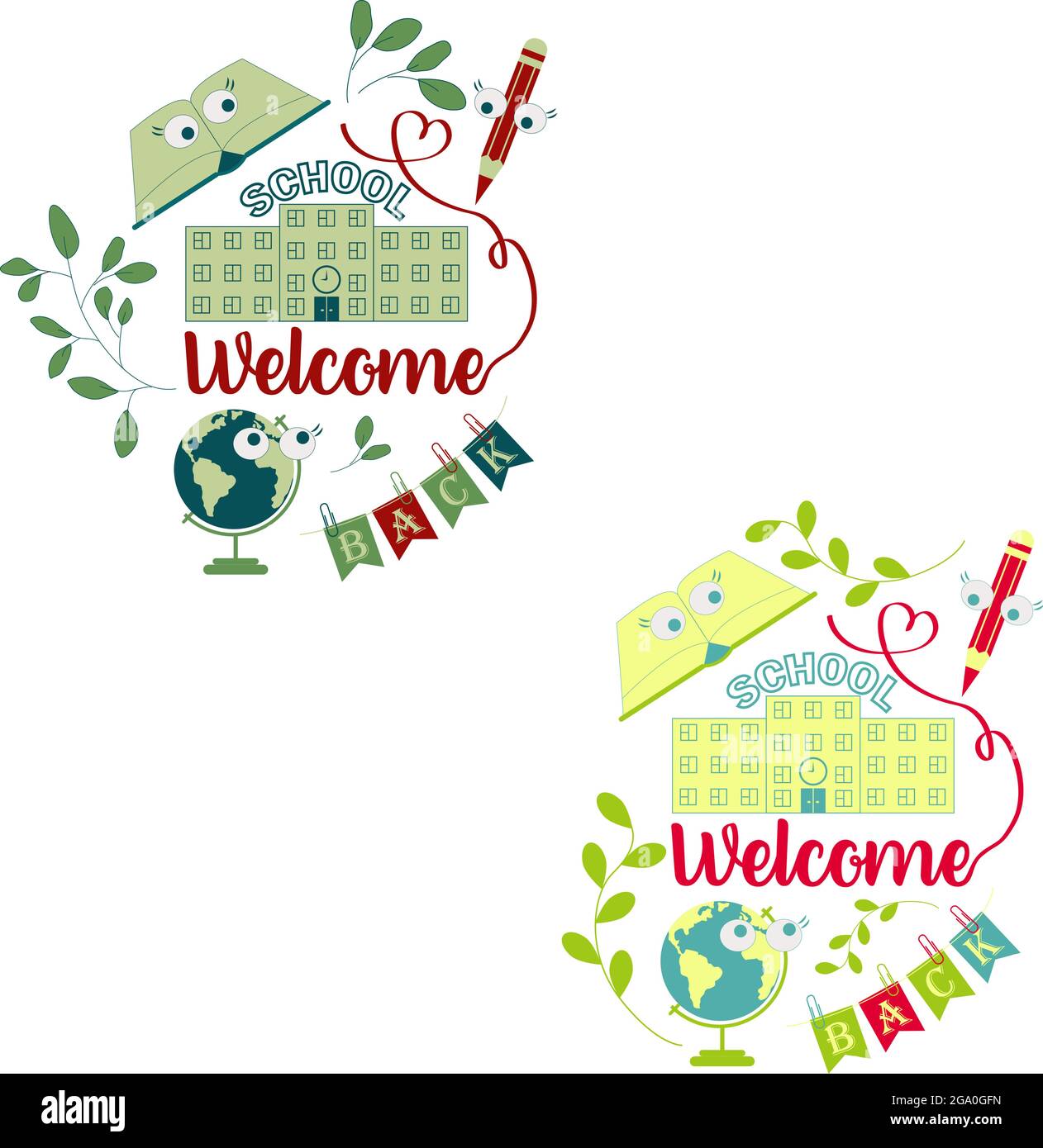 Set von Kompositionen mit willkommen zurück zur Schule Typografie mit lustigen Augen isoliert auf einem transparenten Hintergrund Stock Vektor