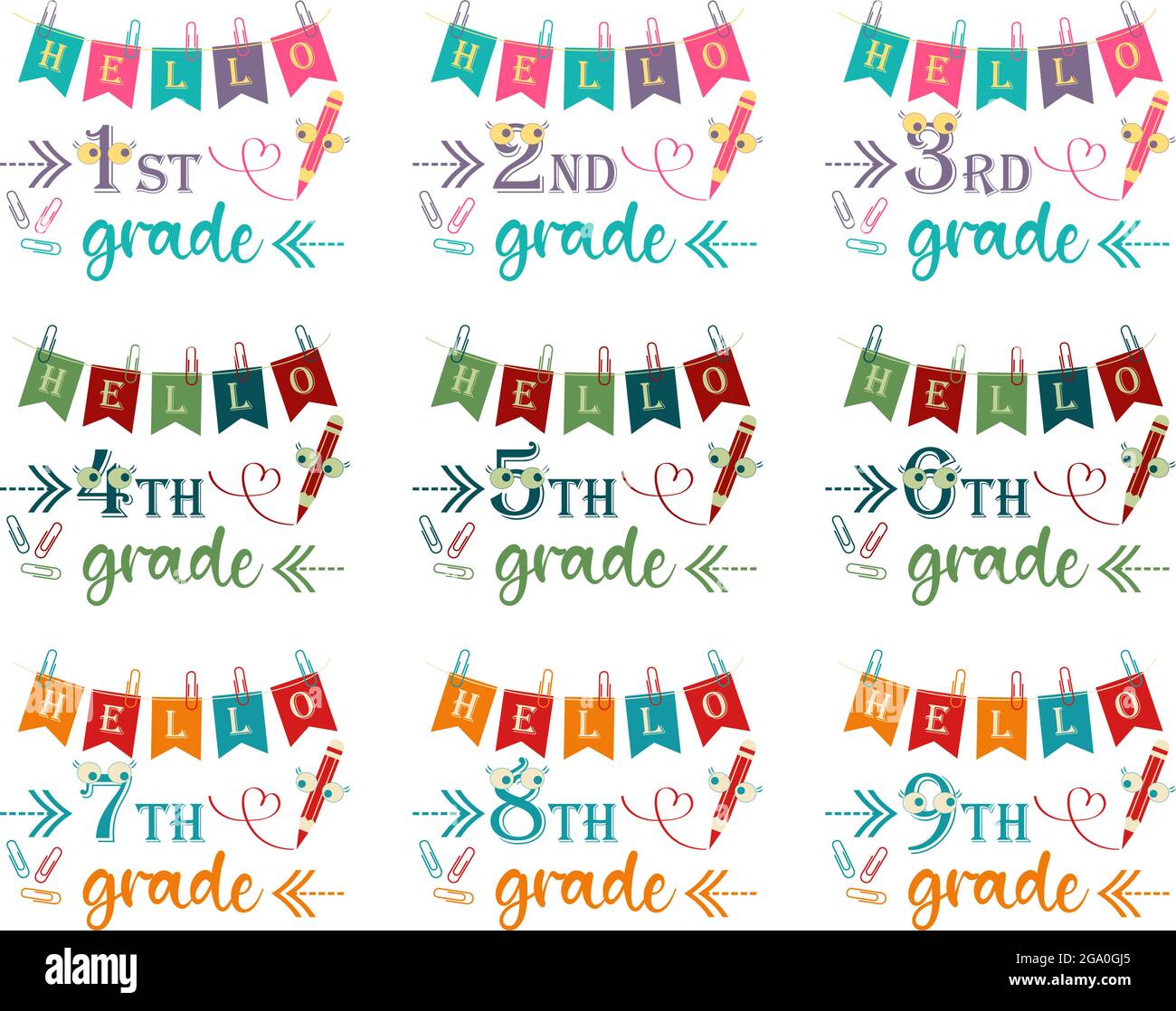 Set von Kompositionen mit Hallo Schule Typografie mit lustigen Stift isoliert auf einem transparenten Hintergrund Stock Vektor