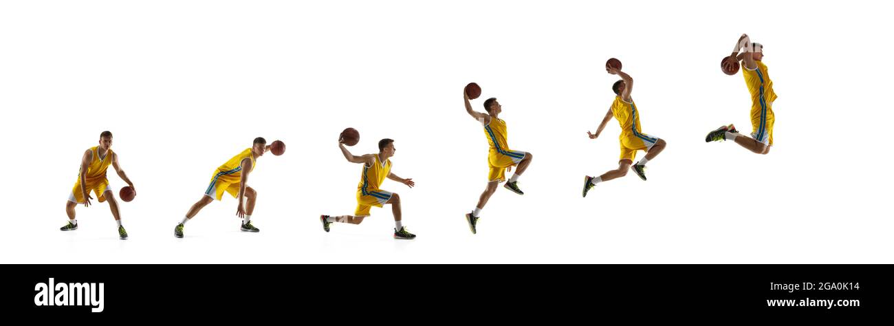 Entwicklung von Bewegungen. Collage. Junger Mann, Basketballspieler in Aktion, isoliert über weißem Studiohintergrund. Flyer. Konzept des Sports, des Wettbewerbs Stockfoto