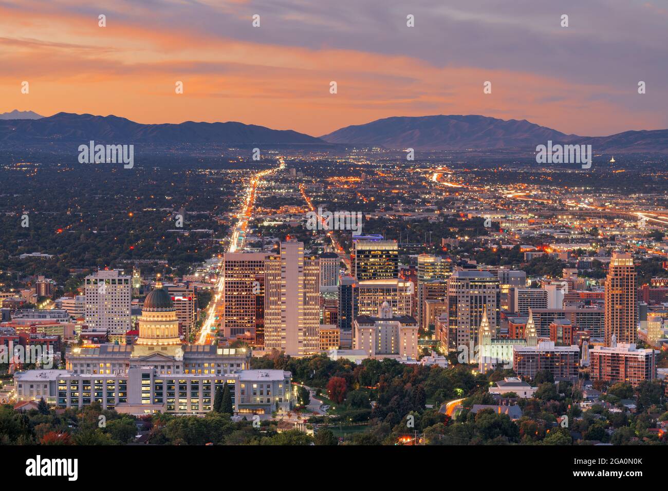 Salt Lake City, Utah, USA Downtown Skyline der Stadt in der Dämmerung. Stockfoto