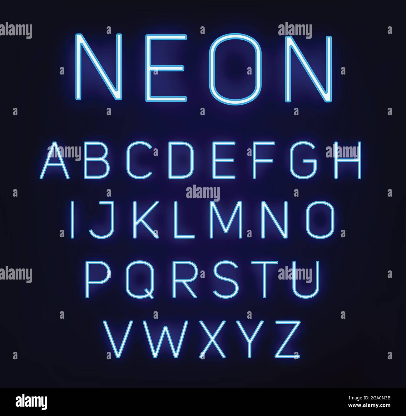 Neonblaue Schrift Vektorgrafik. Blaue Neonlicht-Buchstaben. Leuchtende Alphabete. A-Z-Buchstaben. Stock Vektor