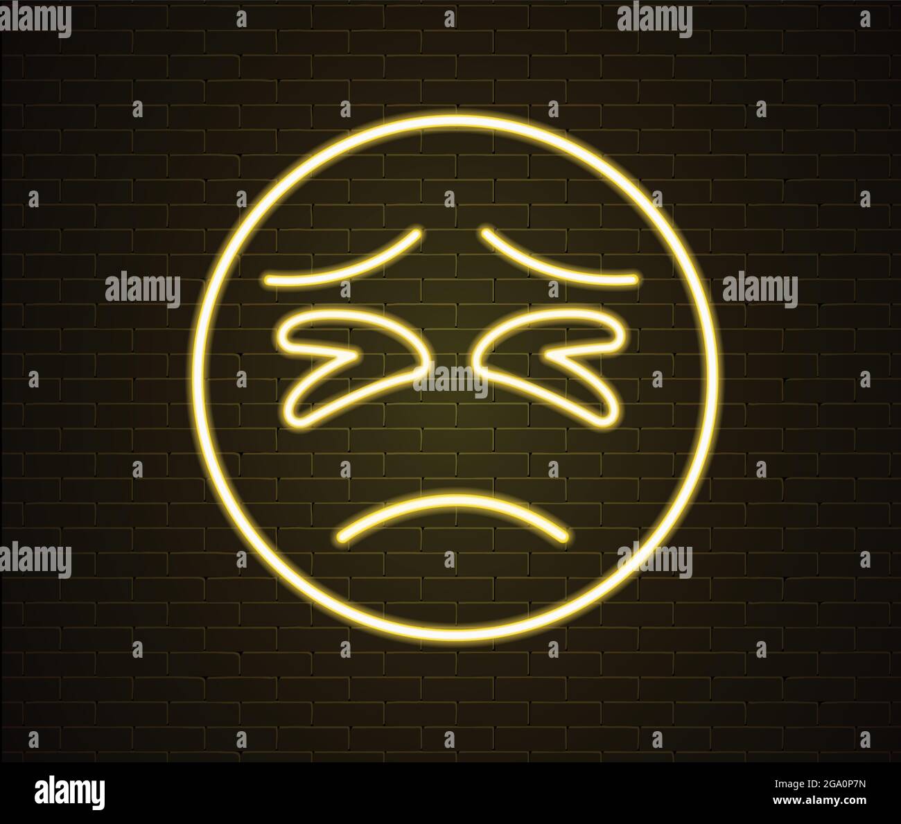 Neongelbe Vektorgrafik auf Ziegelwand isoliert. Trauriges Gesicht Emoji. Trauriges Emoticon. Stock Vektor