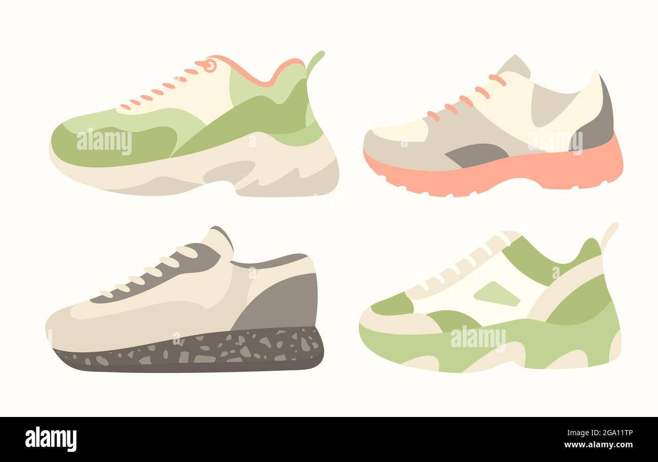 Snickers Schuhe Vektor-Illustration, Cartoon flache Kollektion von Mann Frau Mode Schuhe in verschiedenen Farben, Sneakers Schuhe für Fitness-Sport Stock Vektor