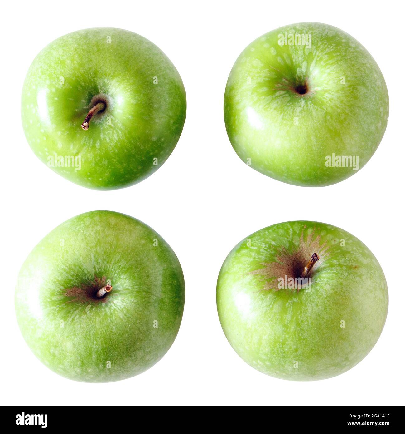Eine Gruppe von vier grünen Granny Smith Äpfeln isoliert auf weißem Hintergrund, mit Schnittpfad Stockfoto