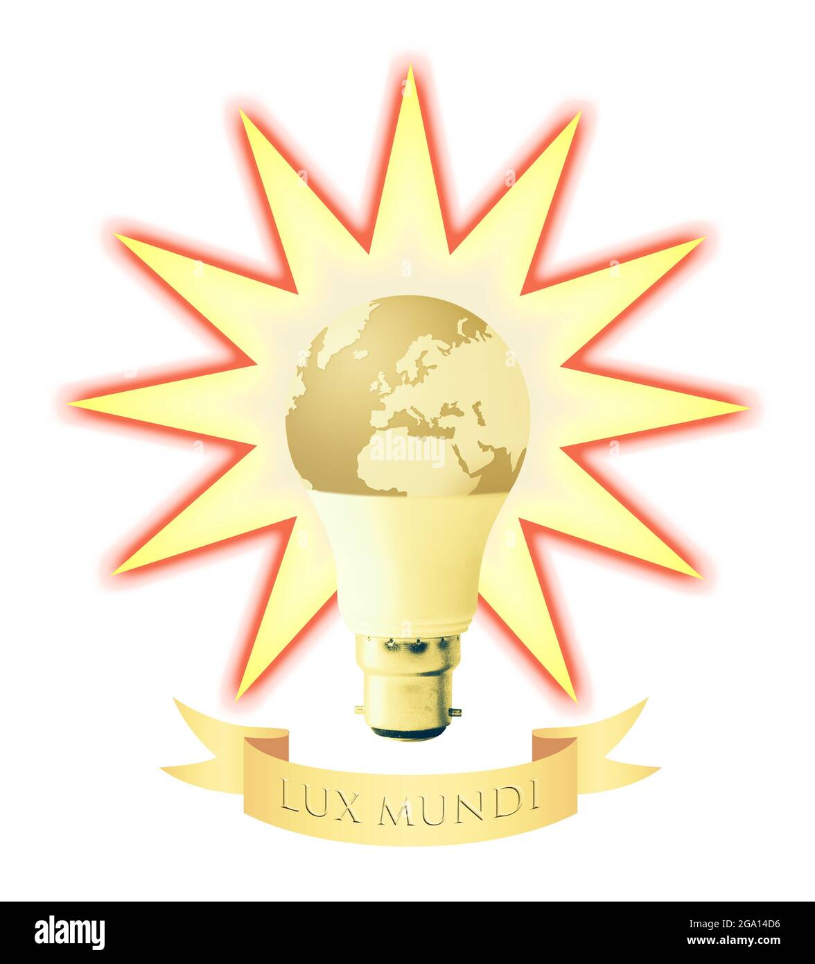 Konzeptbild der Erde als Glühbirne mit strahlender Umrandung und der lateinischen Inschrift 'Lux Mundi' (Licht der Welt) Stockfoto