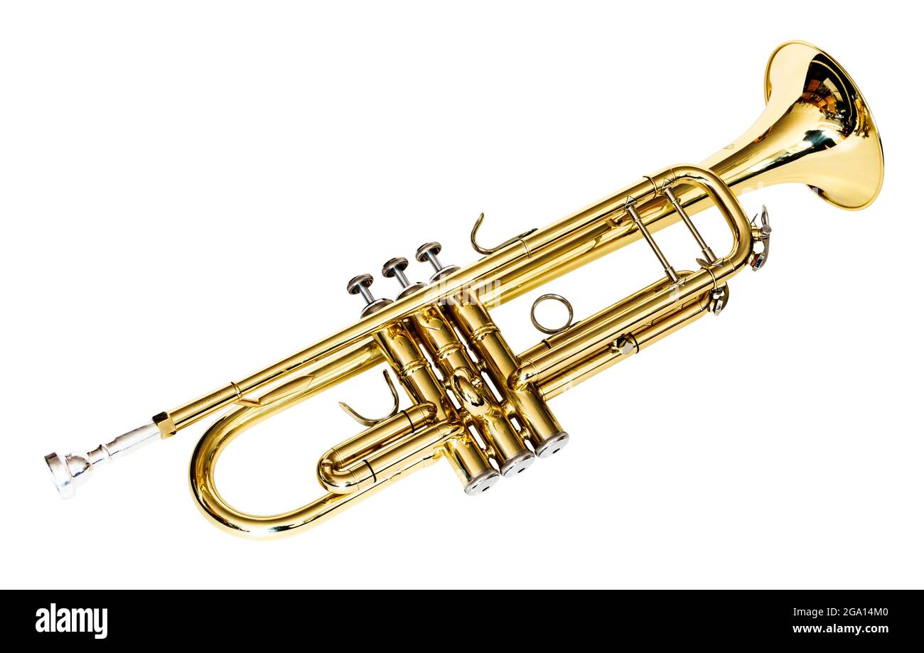 Eine goldlackierte BB-Trompete isoliert auf weißem Hintergrund mit Clipping-Pfad Stockfoto