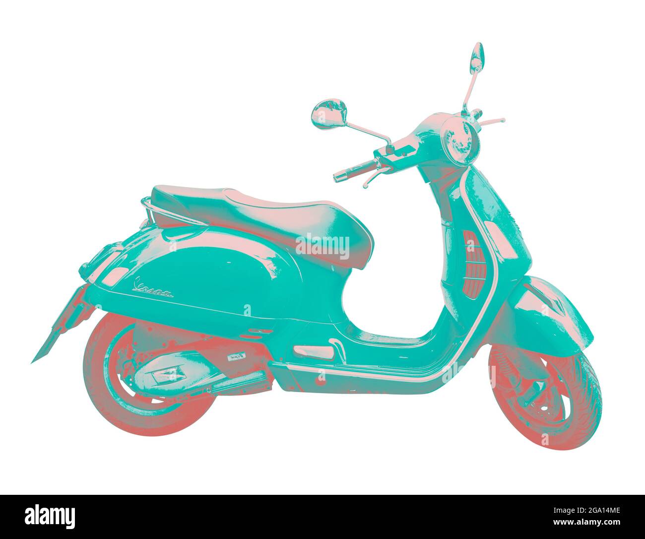 Duotone-Bild einer Vespa-Scooter, isoliert auf weißem Hintergrund mit Abschneideweg Stockfoto