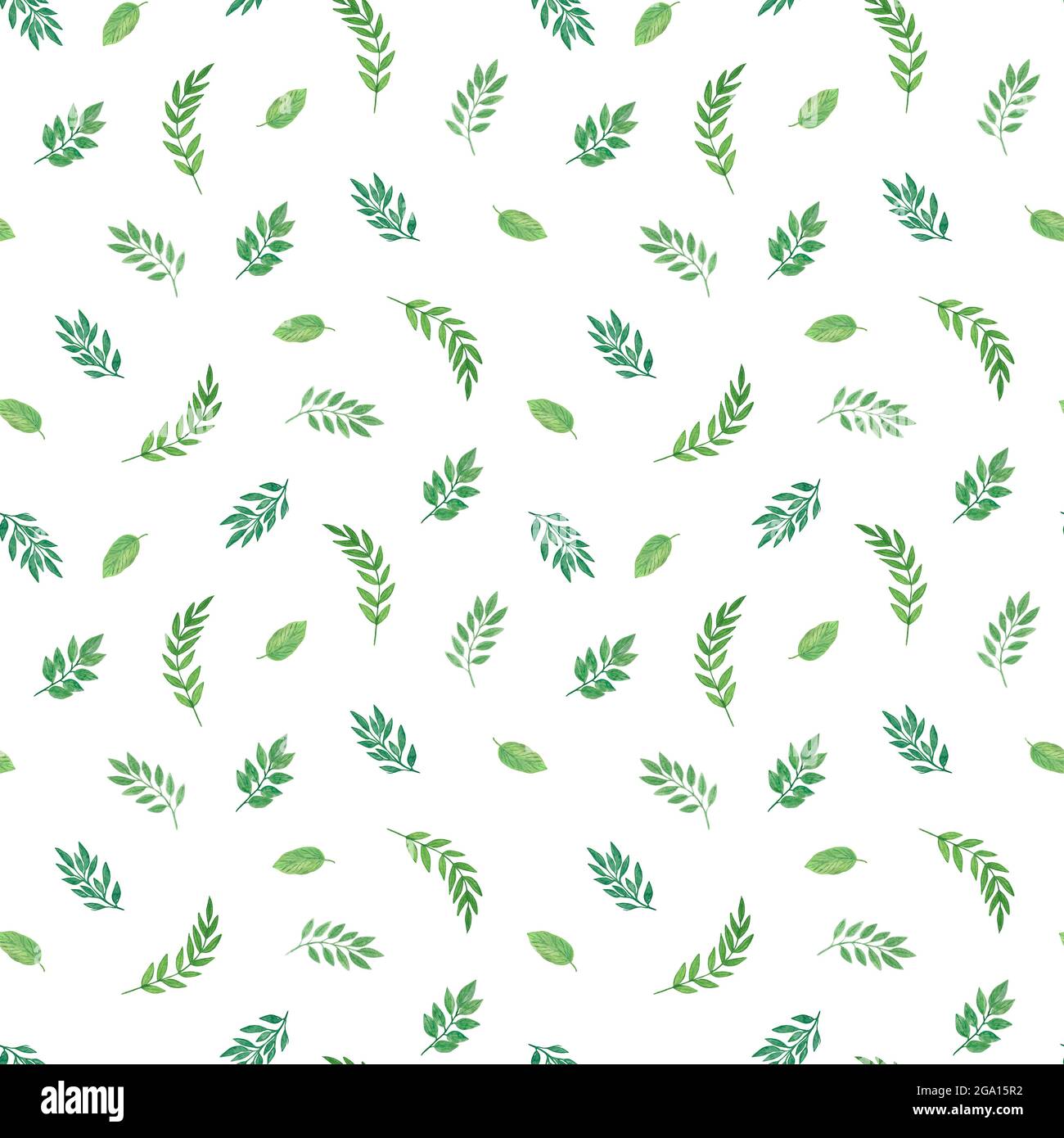 Grüne Blätter in zufälliger Reihenfolge nahtlose Blumenmuster handgezeichnete botanische Aquarell Illustration, einfache Grün Ornament für Textil, gi Stockfoto