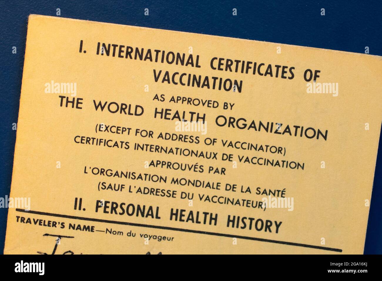 Die Internationalen Impfzertifikate der Weltgesundheitsorganisation (Impfpass). Diese Version wurde von der U.S. Public Health SE herausgegeben Stockfoto