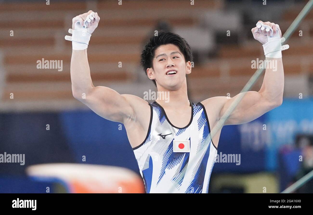 Tokio, Japan. Juli 2021. Hashimoto Daiki aus Japan feiert nach dem Allround-Finale der Männer im Kunstturnen bei den Olympischen Spielen 2020 in Tokio, Japan, 28. Juli 2021. Quelle: Xinhua/Alamy Live News Stockfoto