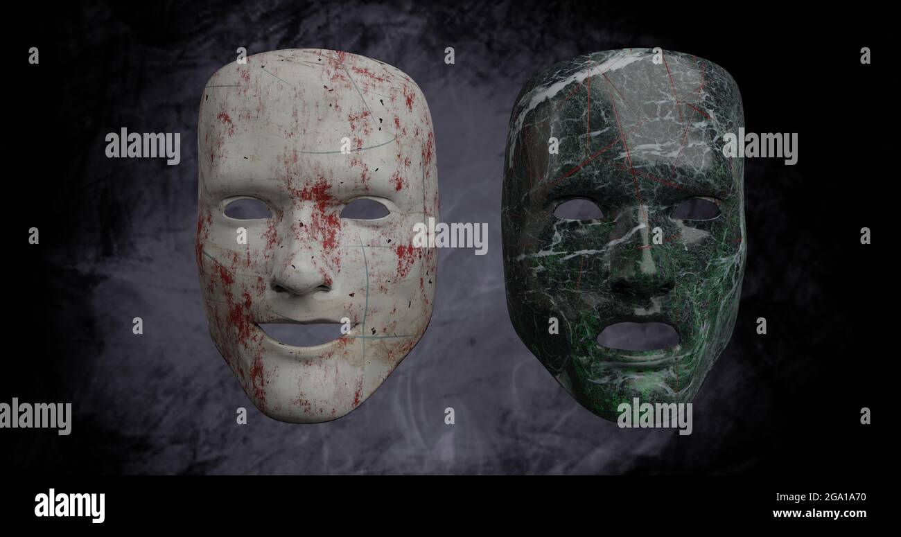 Fröhliche und traurige Maske aus Marmor 3d-Rendering Stockfoto