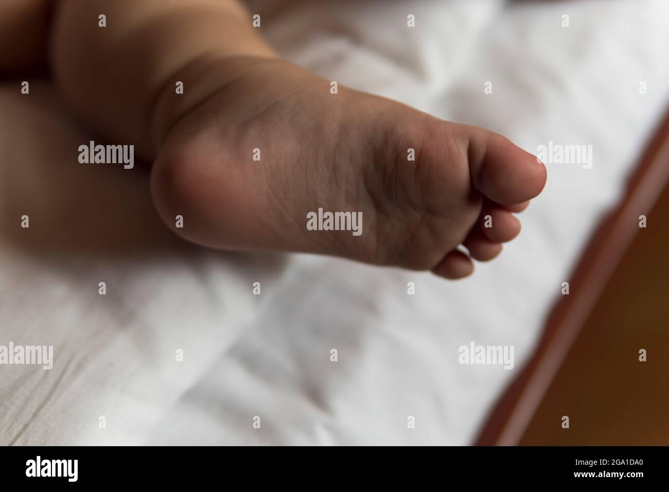 Füße von Kleinkind Baby Mädchen tragen Windeln liegen auf weißem Bett zu Hause. Plump Beine schlafen ein Jahr altes kaukasisches Kind. Kind schläft in der Krippe. Zuhause Stockfoto