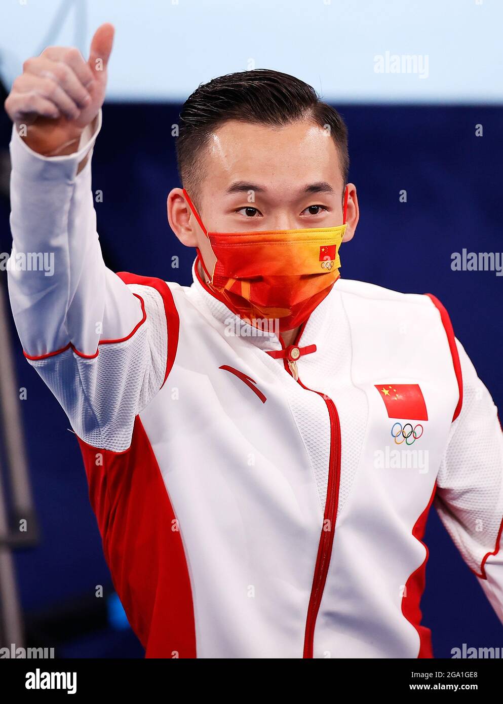 Tokio, Japan. Juli 2021. Xiao Ruoteng aus China reagiert nach dem Allround-Finale der Männer im Kunstturnen bei den Olympischen Spielen 2020 in Tokio, Japan, 28. Juli 2021. Quelle: Xinhua/Alamy Live News Stockfoto