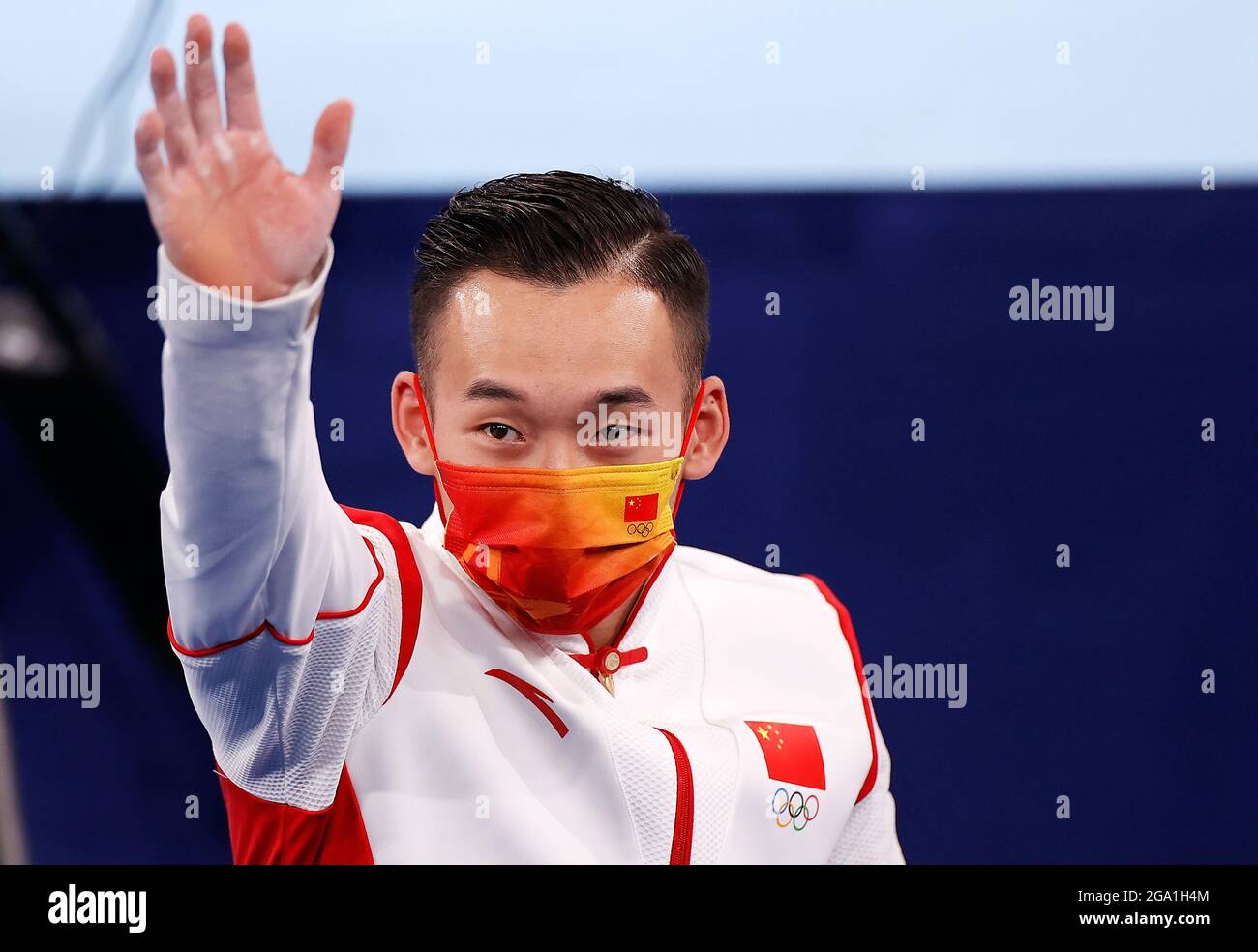 Tokio, Japan. Juli 2021. Xiao Ruoteng aus China reagiert nach dem Allround-Finale der Männer im Kunstturnen bei den Olympischen Spielen 2020 in Tokio, Japan, 28. Juli 2021. Quelle: Xinhua/Alamy Live News Stockfoto