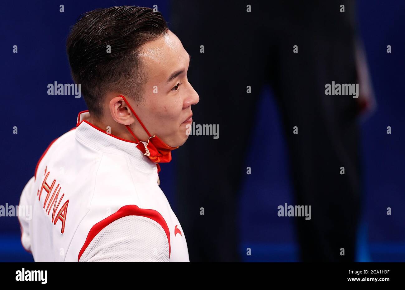 Tokio, Japan. Juli 2021. Xiao Ruoteng aus China reagiert nach dem Allround-Finale der Männer im Kunstturnen bei den Olympischen Spielen 2020 in Tokio, Japan, 28. Juli 2021. Quelle: Xinhua/Alamy Live News Stockfoto