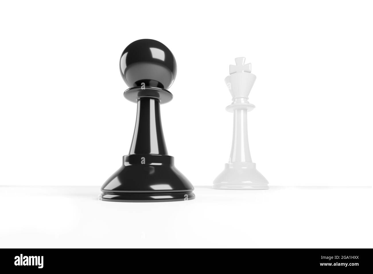 Schachfigur sieht größer aus als der König. Courage-Konzept. 3d-Illustration. Stockfoto
