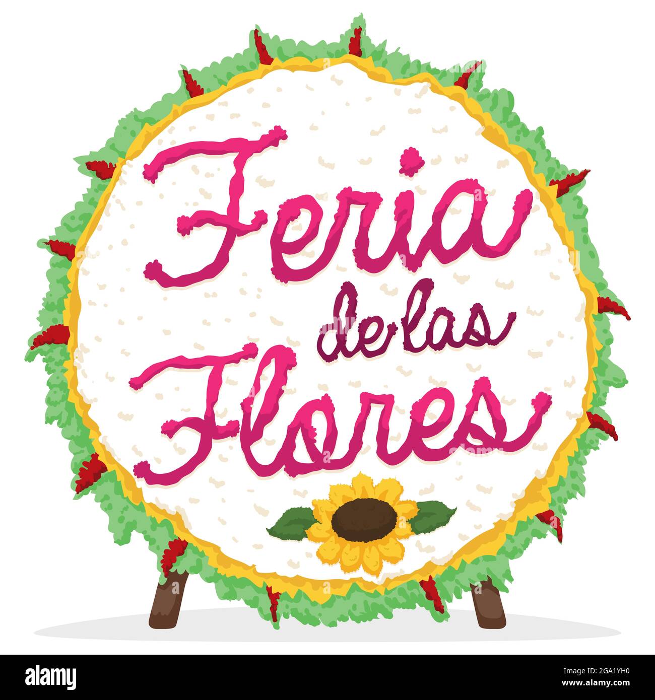 Rundes Silleta-Design in Holzbeinen, verziert mit Sonnenblumen, Blättern und Einladung zum Festival der Blumen - oder 'Feria de las Flores', in Stock Vektor