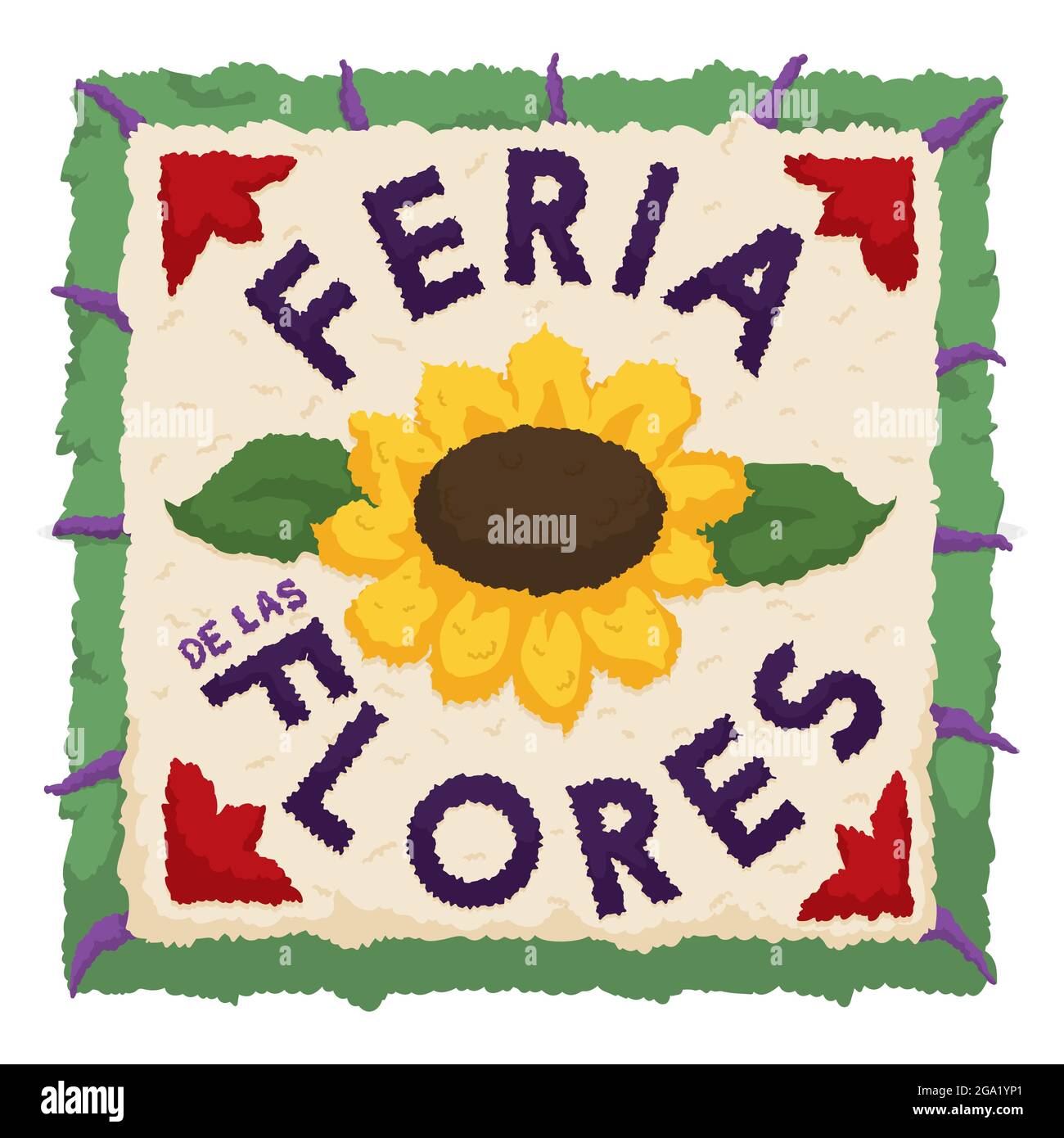 Gedenksilleta in quadratischer Form mit Blumen, Blättern und Text in spanischer Sprache für das Fest der Blumen - oder 'Feria de las Flores'. Stock Vektor