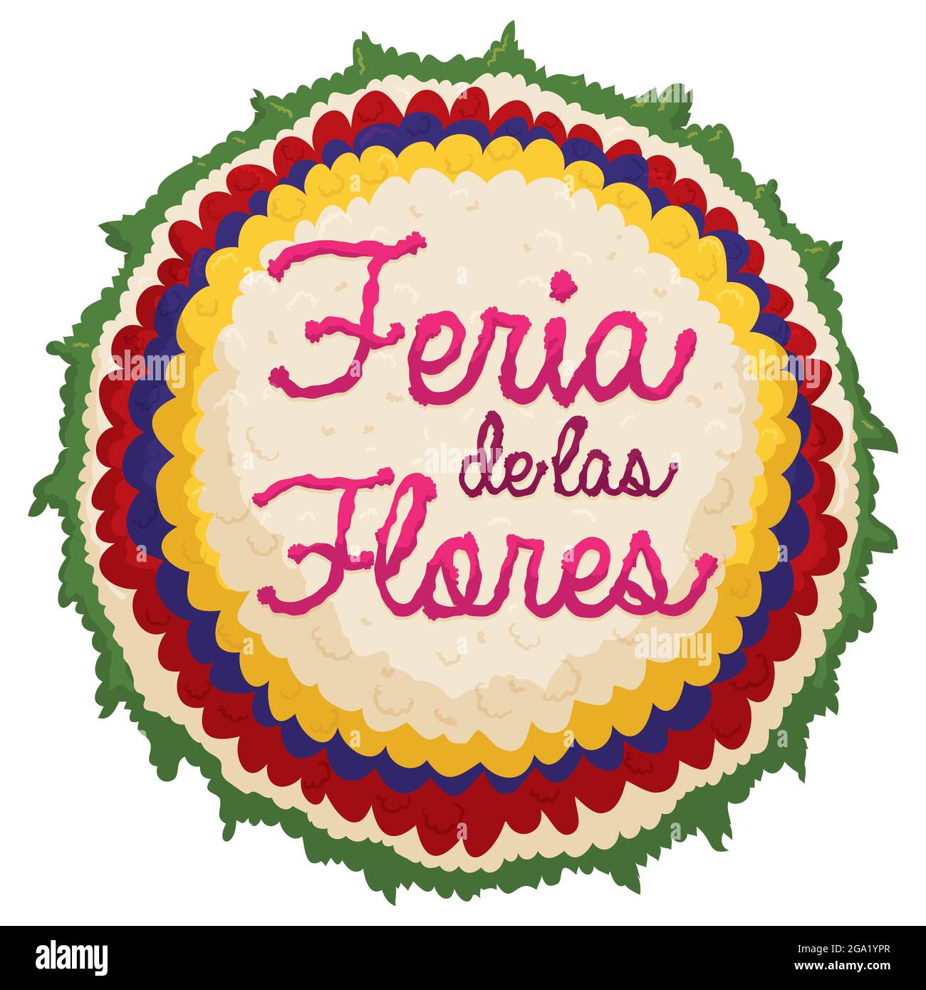 Traditionelles rundes Silleta-Design mit kolumbianischen Flaggen-Farben und Text zum Gedenken an das Blumenfest oder die Feria de las Flores in S Stock Vektor
