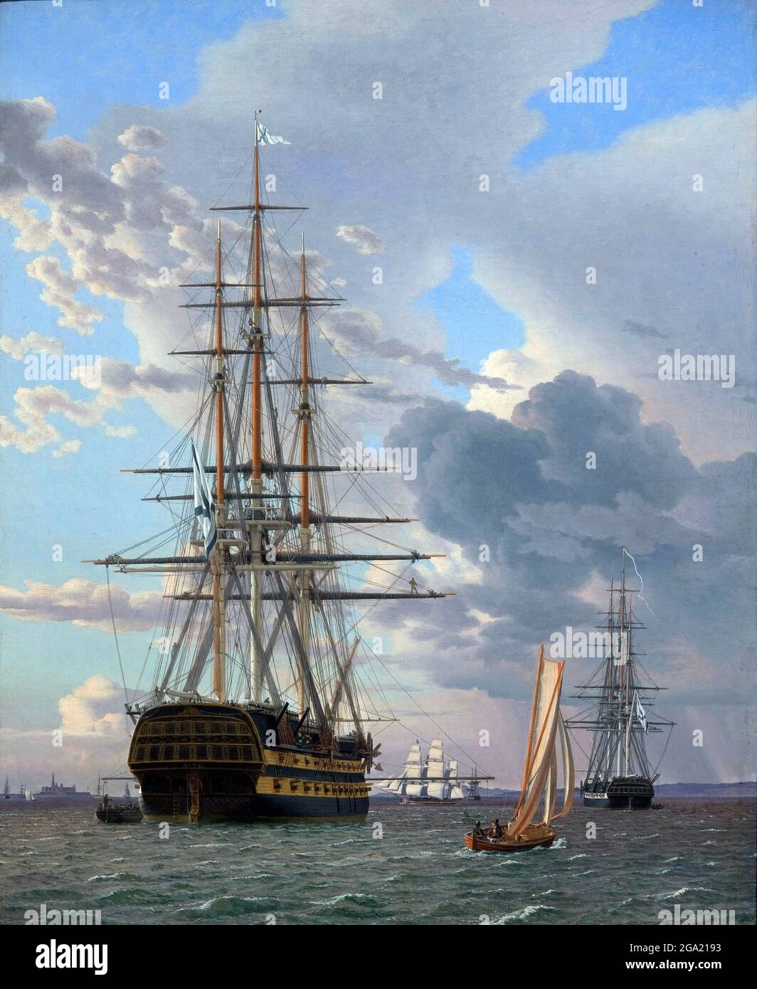Das russische Linienschiff 'Asow' und eine Fregatte am Anker in den Straßen von Elsinore von Christoffer Wilhelm Eckersberg (1783-1853) Öl auf Leinwand, 1828 Stockfoto