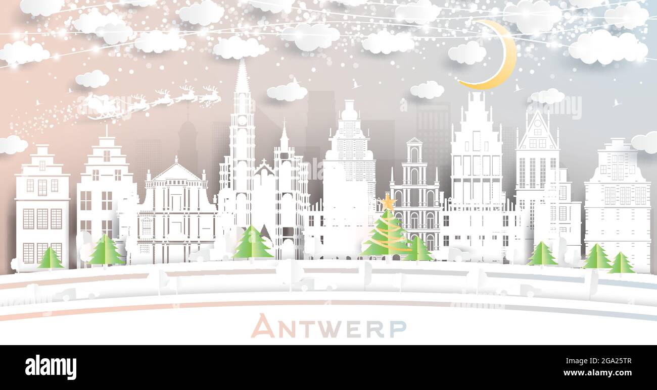 Antwerp Belgium City Skyline in Paper Cut Style mit Schneeflocken, Mond und Neon Girlande. Vektorgrafik. Weihnachts- und Neujahrskonzept. Stock Vektor