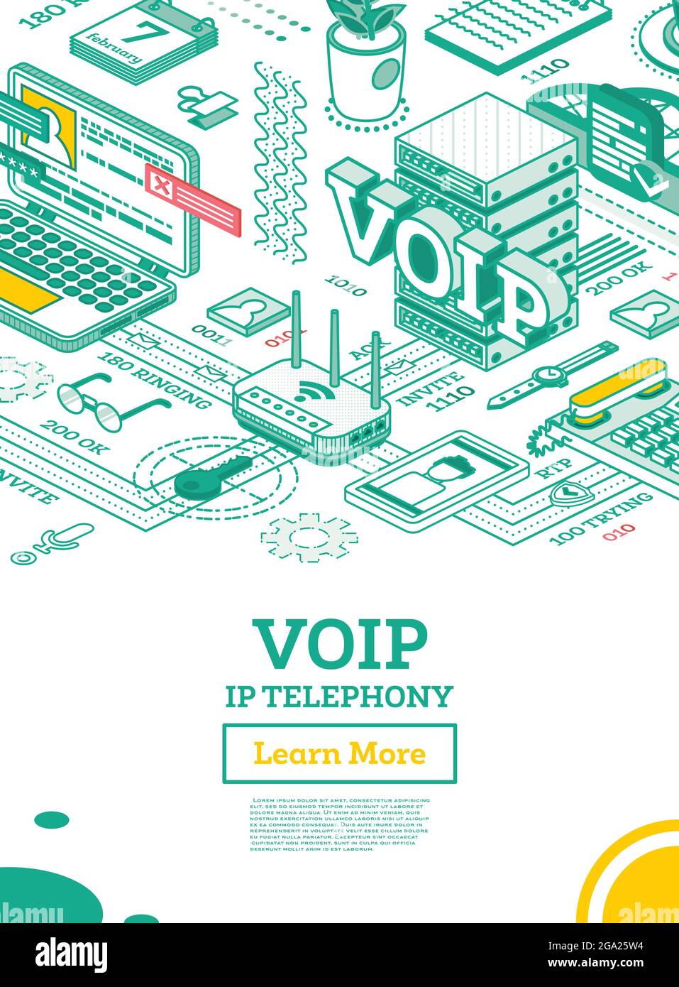 VOIP IP-Telefoniedienste. Isometrisches Konzept. Konfigurationsschema des Systems. IP-Telefon, Router und Notebook. Geräte mit Support. Stock Vektor