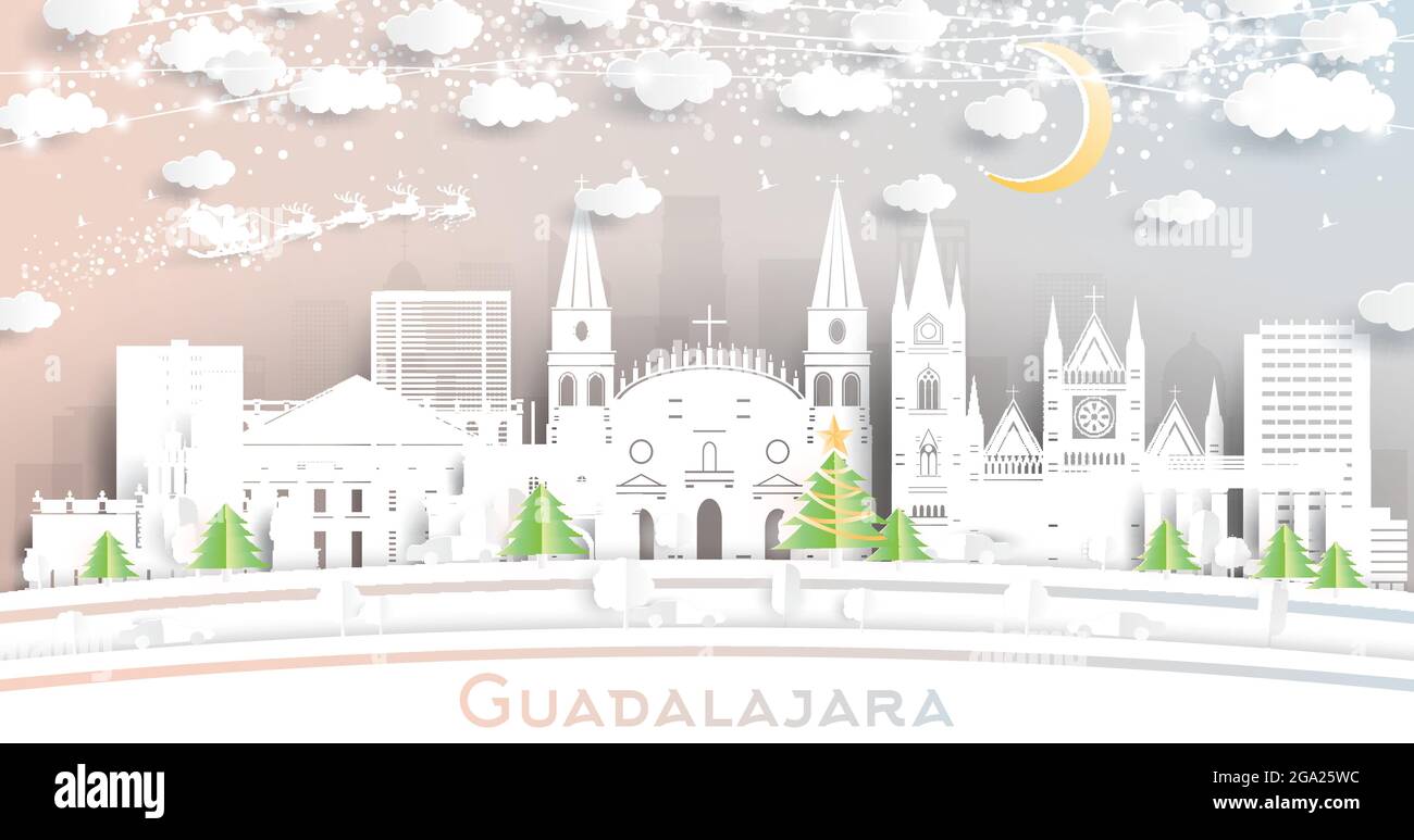 Guadalajara Skyline von Mexiko-Stadt im Paper Cut-Stil mit Schneeflocken, Mond und Neon Girlande. Vektorgrafik. Weihnachts- und Neujahrskonzept. Stock Vektor