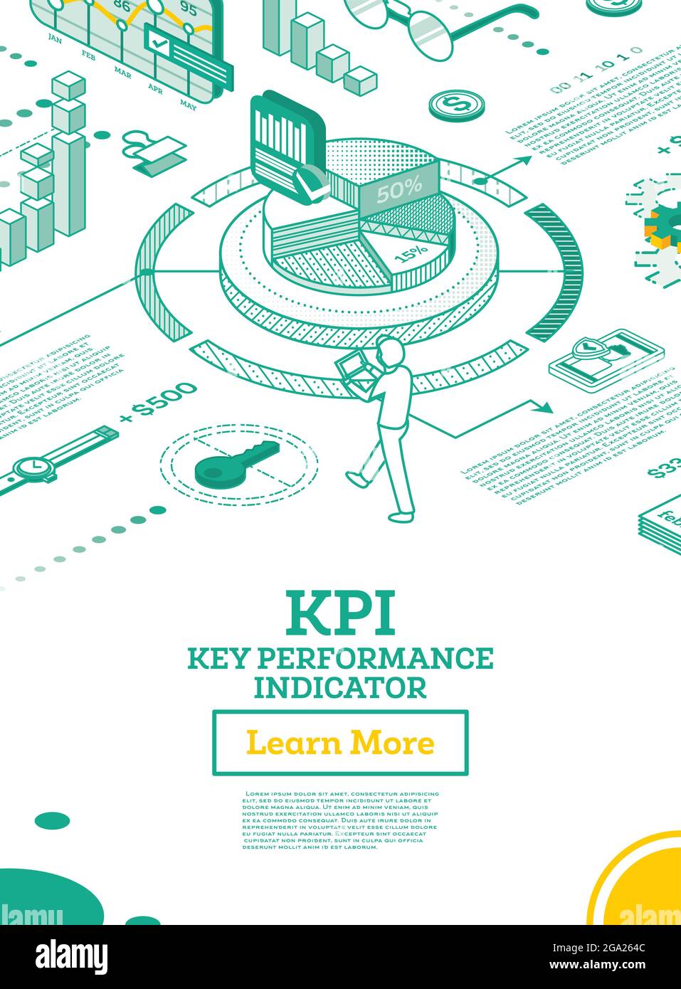 KPI Key Performance Indicator. Vektorgrafik. Isometrisches Konzept der Geschäftsleistungsstrategie und -Analyse. Infografik-Diagramme Skizzieren. Stock Vektor